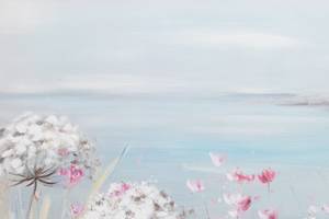 Acrylbild handgemalt Blumige Aussichten Blau - Pink - Massivholz - Textil - 80 x 80 x 4 cm
