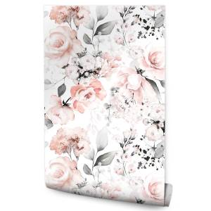 Papier Peint ROSES Feuilles Aquarelle Beige - Gris - Rose foncé - Blanc - Papier - Textile - 53 x 1000 x 1000 cm