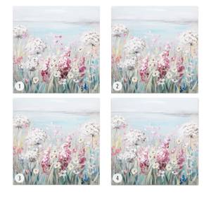 Tableau peint Perspectives fleuries Bleu - Rose foncé - Bois massif - Textile - 80 x 80 x 4 cm