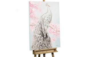 Acrylbild handgemalt Anmutiger Pfau Pink - Weiß - Massivholz - Textil - 70 x 100 x 4 cm