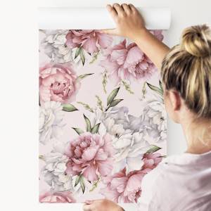 Papier Peint fleurs pivoines nature Beige - Noir - Gris - Vert - Blanc - Papier - 53 x 1000 x 1000 cm