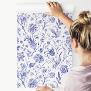 Papier Peint FLEURS Feuilles Plantes Beige - Bleu - Papier - Textile - 53 x 1000 x 1000 cm