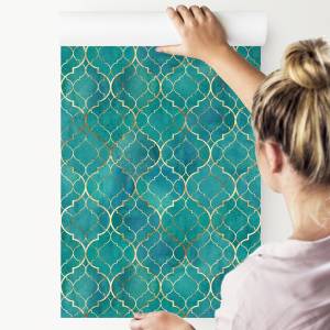 Papier Peint ornements motifs orientaux Beige - Bleu - Marron - Vert - Turquoise - Papier - 53 x 1000 x 1000 cm