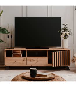 Meuble TV 1 porte 2 tiroirs et 2 niches Panneau aggloméré / MDF (panneau de fibres à densité moyenne) - Imitation chêne artisan / Anthracite