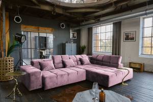 Ecksofa NEVADA Velvet motor. Sitzvorzug Pink - Armlehne davorstehend links - Ecke davorstehend rechts