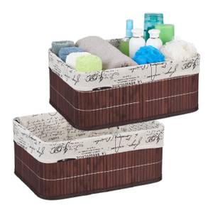 2x Paniers de rangement en bambou motifs Noir - Marron - Blanc crème