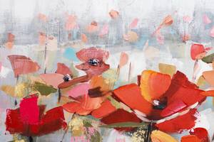 Tableau peint à la main Sea of Poppies Gris - Rouge - Bois massif - Textile - 120 x 60 x 4 cm