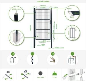 Portillon grillagé RAZO poteaux carrés Gris - Hauteur : 186 cm