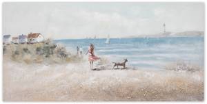 Tableau peint Promenade à la plage Beige - Bleu - Bois massif - Textile - 120 x 60 x 4 cm