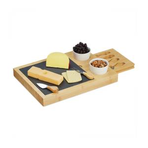 Plateau fromage bambou & 7 accessoires Noir - Marron - Blanc - Bambou - Céramique - Pierre - 39 x 9 x 29 cm