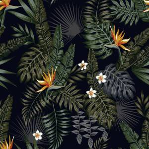 Papier Peint FEUILLES Tropicales Fleurs Noir - Vert - Orange - Blanc - Papier - Textile - 53 x 1000 x 1000 cm