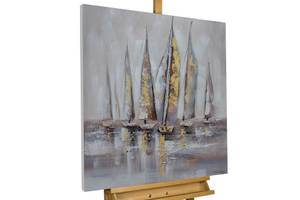 Tableau peint à la main Wind in the Sail Gris - Bois massif - Textile - 80 x 80 x 4 cm