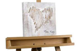 Tableau peint à la main Coeur déchiré Beige - Gris - Bois massif - Textile - 30 x 30 x 4 cm