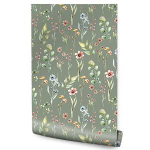 Papier Peint fleurs feuilles nature Bleu - Gris - Vert - Orange - Papier - 53 x 1000 x 1000 cm