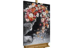 Acrylbild handgemalt Tender Flower Schwarz - Pink - Massivholz - Textil - 60 x 90 x 4 cm