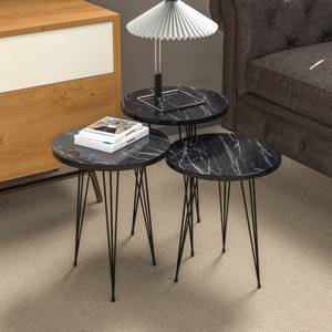 Set de 3 tables d'appoint Ry rondes Imitation marbre noir - 34 x 55 x 34 cm