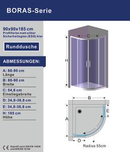 Runddusche 4-teilig mit Schiebetür BORAS Silber - Glas - 90 x 185 x 90 cm