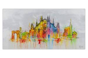 Tableau peint Mailand Skyline Silhouette Gris - Bois massif - Textile - En partie en bois massif - 120 x 60 x 4 cm