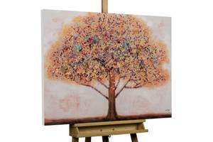 Tableau peint à la main Tree of Memory Orange - Rouge - Bois massif - Textile - 100 x 70 x 4 cm
