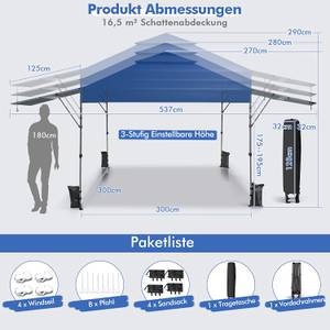 3x3m Pop Up Pavillon mit Zwei Markisen Blau - Kunststoff - 537 x 290 x 300 cm