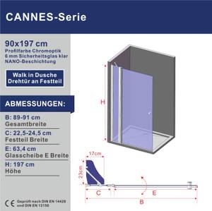 Duschabtrennung Duschwand Glas Walk in Breite: 90 cm