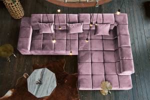 Ecksofa NEVADA Velvet motor. Sitzvorzug Pink - Armlehne davorstehend links - Ecke davorstehend rechts