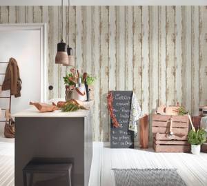 Landhaus-Tapete Holzoptik Creme Beige Schwarz - Braun - Weiß - Kunststoff - Textil - 53 x 1005 x 1 cm