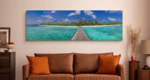 Image Panorama île tropicale Nature 3D Bleu - Vert - Blanc - Textile - 145 x 45 x 45 cm