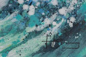 Tableau peint à la main The perfect Wave Bleu - Turquoise - Bois massif - Textile - 90 x 60 x 4 cm