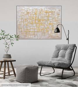 Acrylbild handgemalt Glossy Maze Beige - Gold - Massivholz - Textil - 100 x 75 x 4 cm