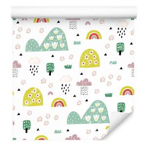 Papier Peint arc-en-ciel plantes enfants Vert - Rouge - Blanc - Papier - Textile - 53 x 1000 x 1000 cm