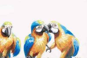 Tableau peint à la main Parrot Party Bleu - Jaune - Bois massif - Textile - 100 x 70 x 4 cm