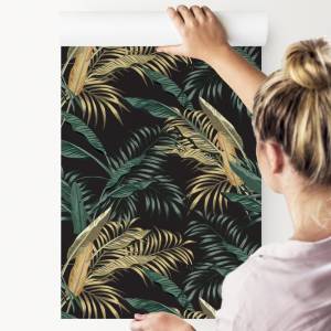 Papier Peint FEUILLES Tropicales Nature Beige - Noir - Marron - Vert - Papier - Textile - 53 x 1000 x 1000 cm