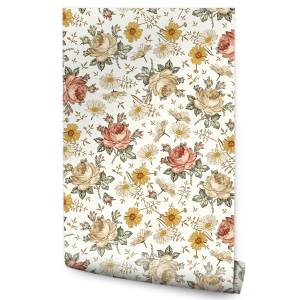 Papier Peint FLEURS Roses Camomille Beige - Marron - Vert - Orange - Papier - Textile - 53 x 1000 x 1000 cm