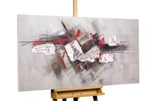 Tableau peint A Great Collision Gris - Rouge - Bois massif - Textile - 140 x 70 x 4 cm