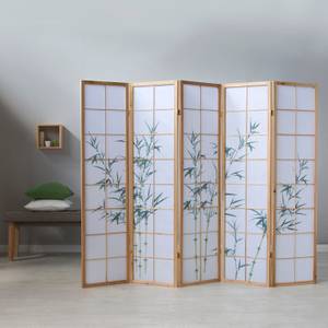 Paravent 5 parties motif bambou 266 Vert - En partie en bois massif - 220 x 175 x 2 cm