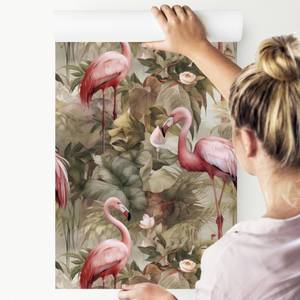 Papier Peint Flamants Feuilles Fleurs Beige - Marron - Gris - Rose foncé - Papier - Textile - 53 x 1000 x 1000 cm