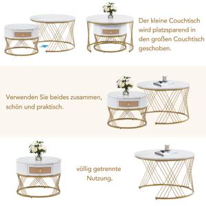 Couchtisch MARBDiana Ⅱ+ (2er Set) Gold - Weiß - Holzwerkstoff - Metall - Kunststoff - Polyrattan - 71 x 46 x 71 cm