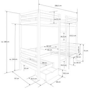 Etagenbett mit Schreibtisch 1727 Grau - Weiß - Massivholz - Holzart/Dekor - 208 x 180 x 97 cm