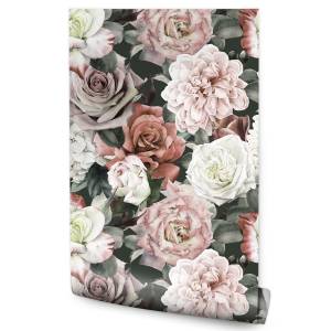 Papier Peint fleurs feuilles nature Vert - Rose foncé - Papier - 53 x 1000 x 1000 cm