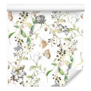 TAPETE Blumen Schmetterlinge Vintage Beige - Blau - Braun - Grau - Grün - Weiß - Papier - 53 x 1000 x 1000 cm