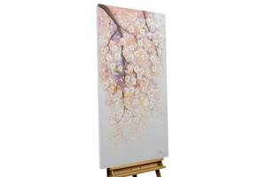 Tableau peint Pink Rain of Blossoms Rose foncé - Blanc - Bois massif - Textile - En partie en bois massif - 60 x 120 x 4 cm