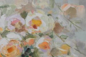 Tableau peint Roses for the Bride Beige - Jaune - Bois massif - Textile - 80 x 80 x 4 cm