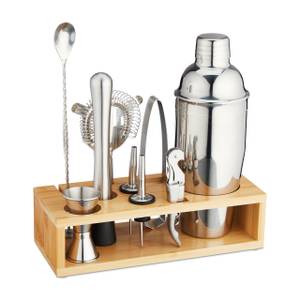 10-tlg. Cocktail Set mit Ständer Braun - Silber - Bambus - Metall - 25 x 27 x 11 cm