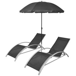 Set de 2 chaises longues et parasol Noir - Métal - 60 x 89 x 156 cm