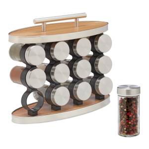 Lot de 12 pots à épices avec support Marron - Argenté - Bois manufacturé - Verre - Métal - 28 x 24 x 12 cm