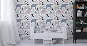 Papier Peint pour enfants ours montagnes Beige - Noir - Bleu - Gris - Blanc - Papier - Textile - 53 x 1000 x 1000 cm