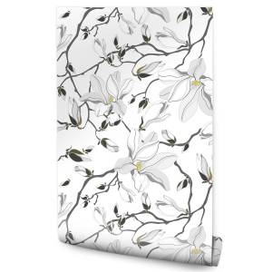 Papier Peint Brindilles FLEURS Magnolia Beige - Noir - Gris - Blanc - Papier - Textile - 53 x 1000 x 1000 cm