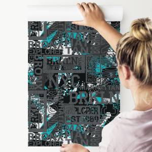 TAPETE Graffiti Mosaik New York Jugend Schwarz - Blau - Grau - Weiß - Papier - 53 x 1000 x 1000 cm