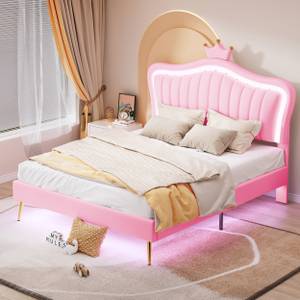 Lit enfant rembourré Aether Ⅳ Rose foncé - Bois manufacturé - Métal - Bois massif - Cuir synthétique - 152 x 122 x 203 cm